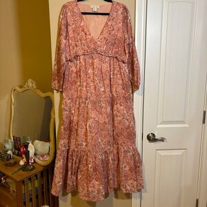 Long Sleeve Pink Paisley Tiered V-Neck Maxi Dress